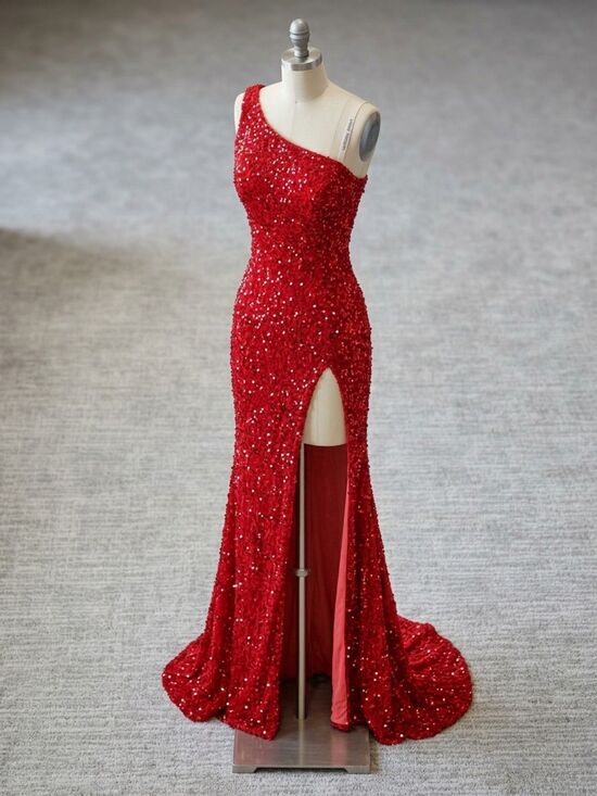 Dresses & Skirts - Red Sequin One Shoulder Crushed Velvet Maxi Dress with High Slit size 00